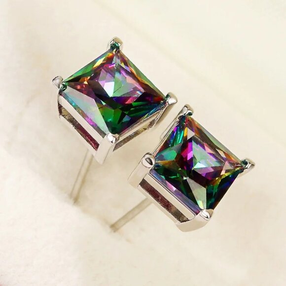 Mystic Rainbow Topaz 3.50CT Princess Cut Earring Pair, 925 Sterling Silver - Picture 7 of 7